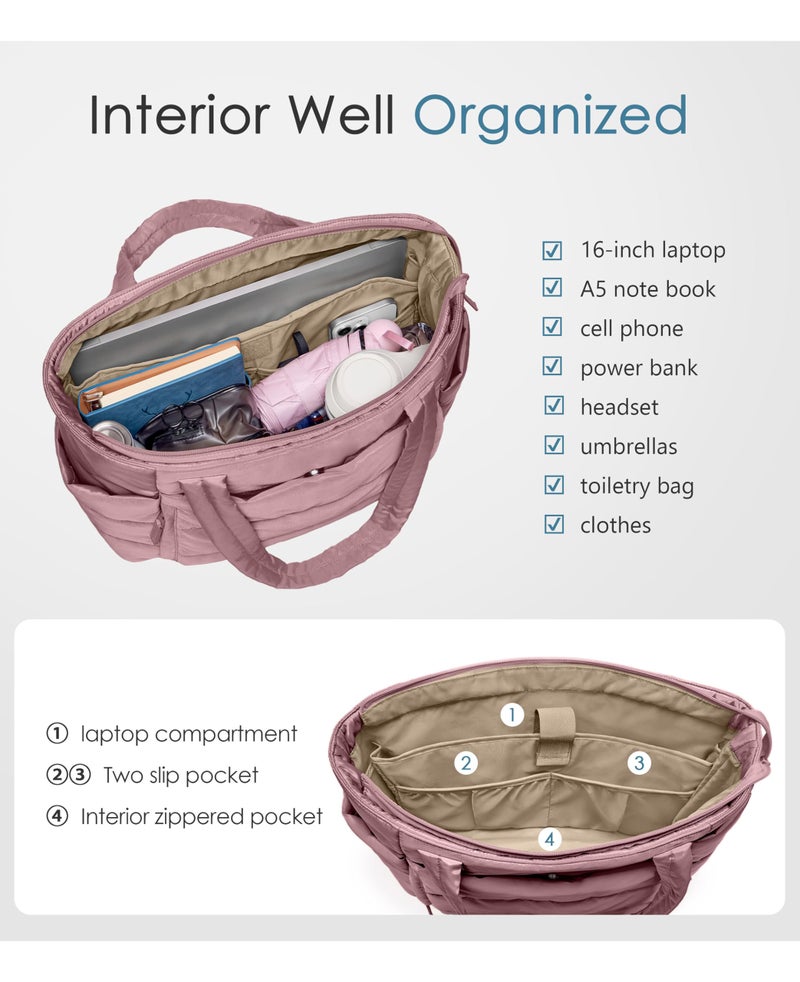 Uselike Tote Bag for Women with Zipper, Quilted Puffer Tote Bag with Compartments, Lightweight Puffy Work Bags for Women Travel (Mauve Pink - Image 4
