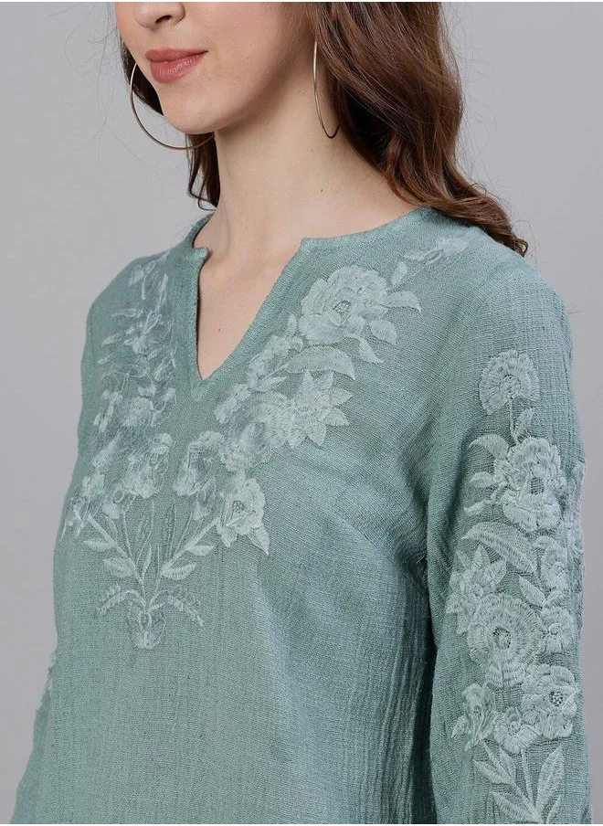 ISHIN Sea Green Tops Straight Fit 3/4 Sleeve Sleeve made from Cotton featuring Self Design design and Round Neck neckline - Perfect for Ethinic!