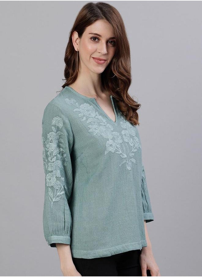 ISHIN Women's Sea Green 100% Cotton Floral Tunic Regular Fit Tops  - Image 3