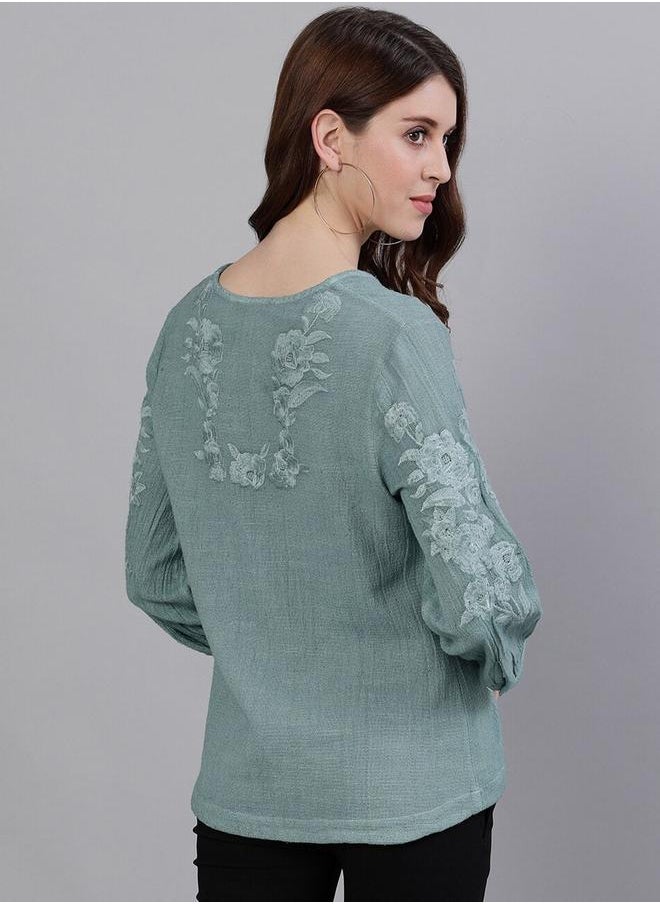 ISHIN Women's Sea Green 100% Cotton Floral Tunic Regular Fit Tops  - Image 5