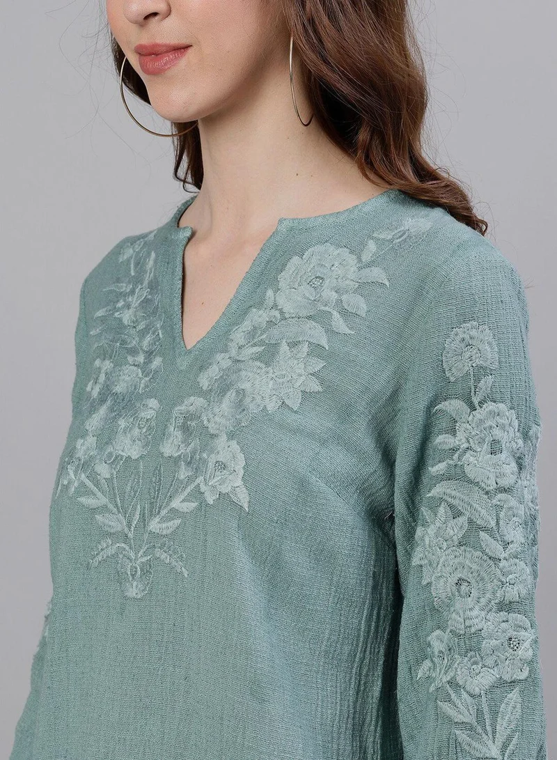 آي شين Women's Sea Green 100% Cotton Floral Tunic Regular Fit Tops