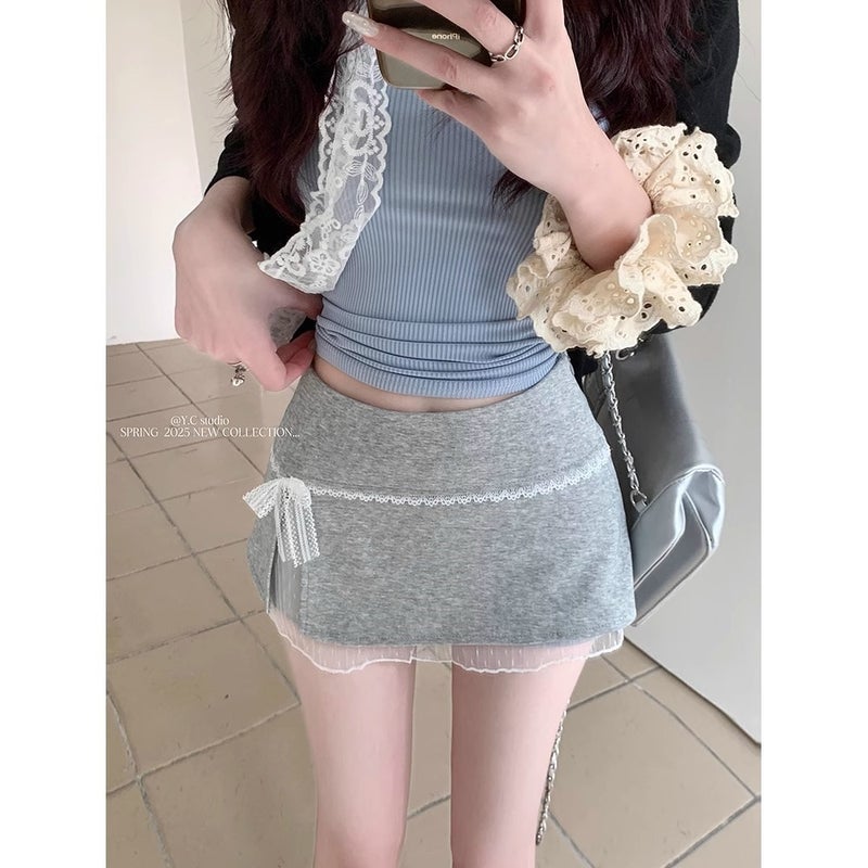 Pure Desire Spliced ​​Lace Edge Skirt Women'S 2025 Early Spring New Sweet Girl High Waist Anti-Exposure Hip Covering Short Skirt Pants - Image 3