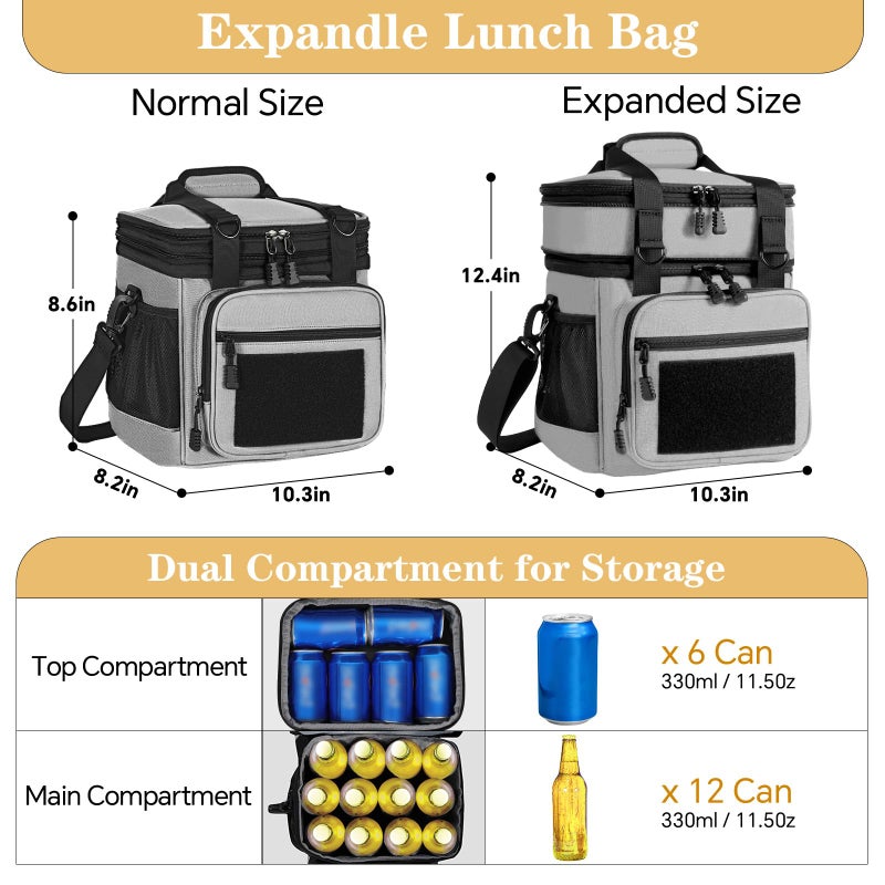 GLENKEY Tactical Lunch Box Cooler Bag - Expandable Insulated Lunch Bag for Men Women - Large Lunchbox for Adults Work Shifts Outdoor Trips Grey 16L - Image 2