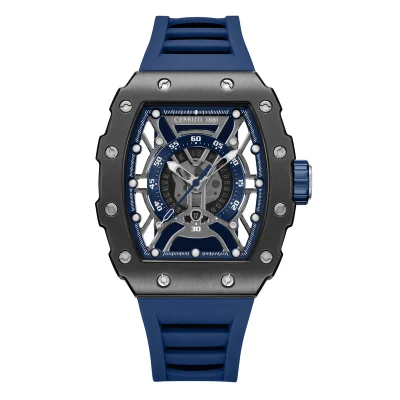 شيروتي 1881 Men's Gubbio Watch for Men - Gun Tonneau Topring with Gear Edges and Screws, Blue Silicone Strap