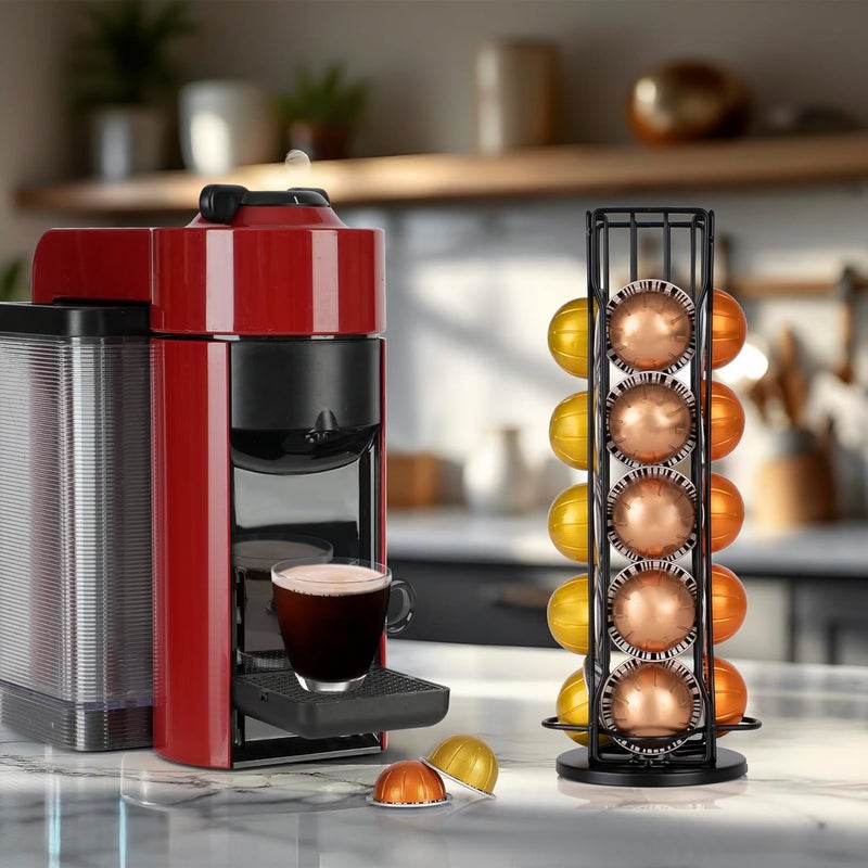 ريكابس حامل أكياس القهوة الدوار من RECAPS، متوافق مع كبسولات Nespresso Vertuoline Vertuo، يستوعب 20 كيس قهوة من نوع Vertuo، بلون أسود ويدور 360 درجة. - Image 3