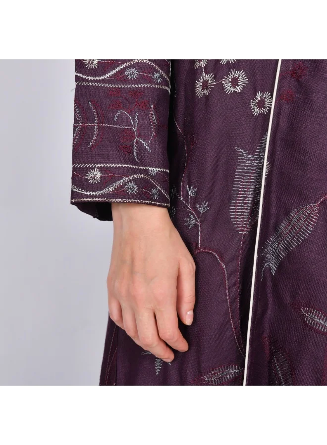 HAWRAA ABAYA Purple half-cloche abaya with embroidery all over the abaya