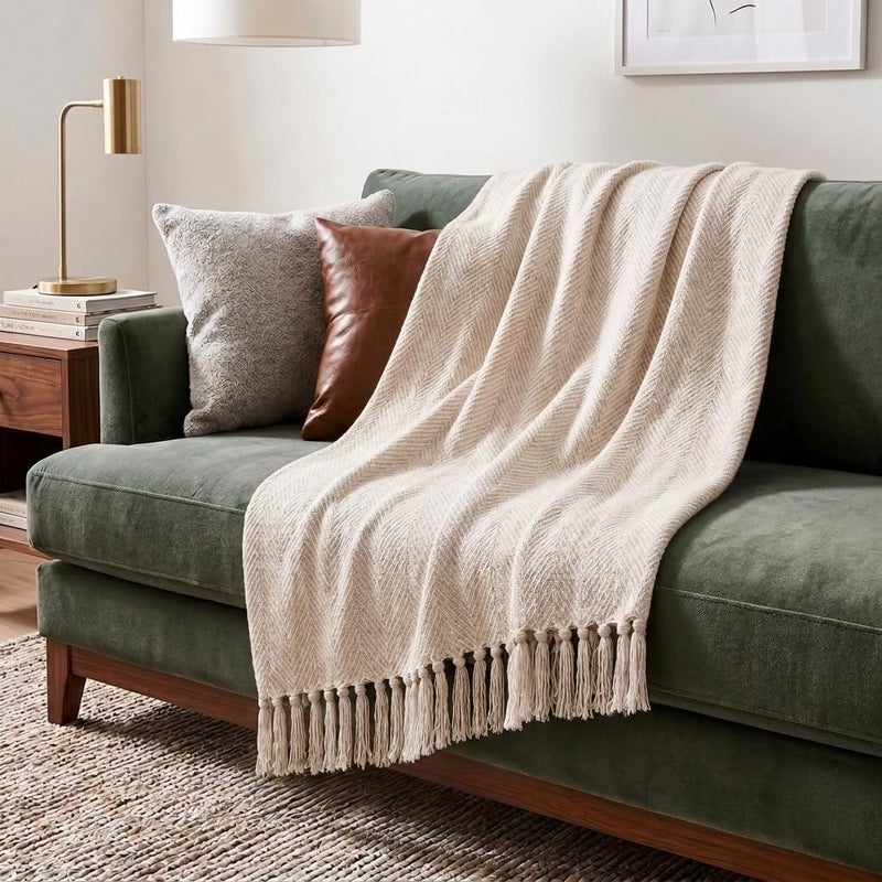 Americanflat 50x60 Throw Blanket - Soft and Breathable Cotton Throw Blanket for Couch, Bed, Chair - Decorative Blankets Perfect for Home, Office, or Outdoor Use - Cream and Beige Zig Zag Design - Image 1