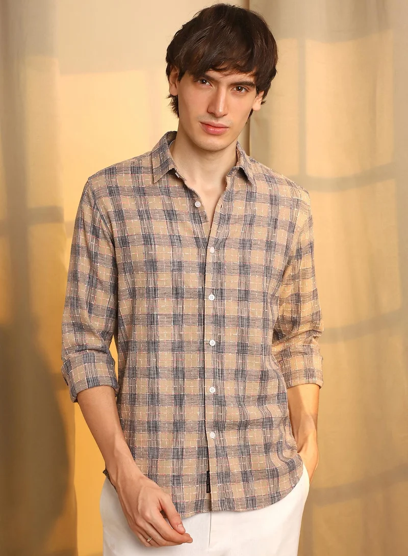 Campus Sutra Men's Saltbox Beige Heathered-Buffalo Check Shirt