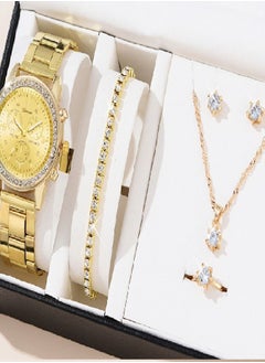 Geneva Shining Ladies Watches Gifts Set with Diamond Decorated Bracelet Necklace Ring Earrings Luxury Fashion Quartz Wrist Womens Watch 5Pcs Set 