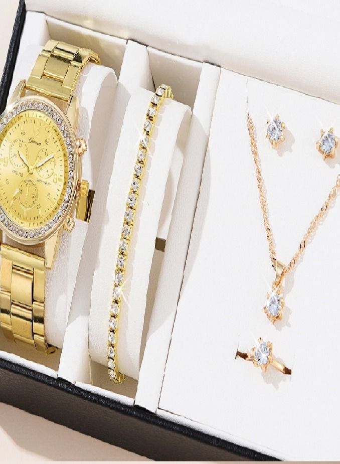 Geneva Shining Ladies Watches Gifts Set with Diamond Decorated Bracelet Necklace Ring Earrings Luxury Fashion Quartz Wrist Womens Watch 5Pcs Set 