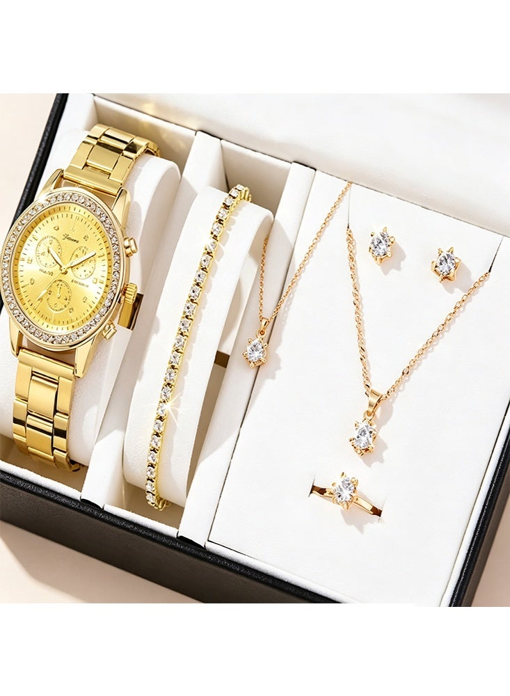 Geneva 6-Piece Women's Gold Watch & Jewelry Set - Luxury Crystal Wristwatch with Matching Bracelet, Necklace, Earrings & Ring, Elegant Gift Box Set for Her (Watch & 5 Jewelry Pieces Included) - Image 1