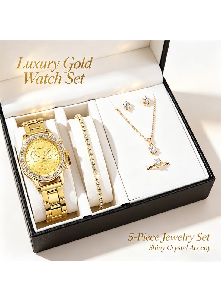 Geneva 6-Piece Women's Gold Watch & Jewelry Set - Luxury Crystal Wristwatch with Matching Bracelet, Necklace, Earrings & Ring, Elegant Gift Box Set for Her (Watch & 5 Jewelry Pieces Included) - Image 2