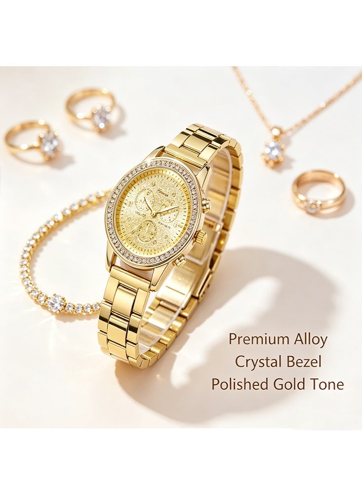 Geneva 6-Piece Women's Gold Watch & Jewelry Set - Luxury Crystal Wristwatch with Matching Bracelet, Necklace, Earrings & Ring, Elegant Gift Box Set for Her (Watch & 5 Jewelry Pieces Included) - Image 3
