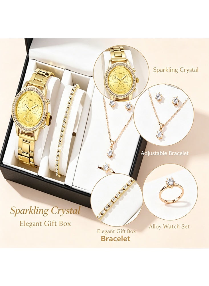 Geneva 6-Piece Women's Gold Watch & Jewelry Set - Luxury Crystal Wristwatch with Matching Bracelet, Necklace, Earrings & Ring, Elegant Gift Box Set for Her (Watch & 5 Jewelry Pieces Included) - Image 4