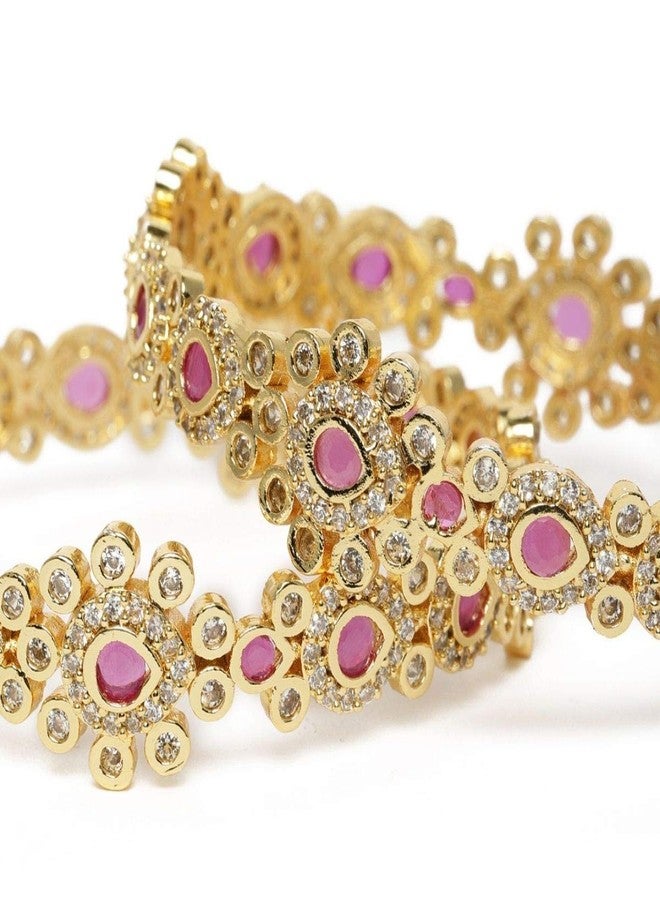 ACCESSHER Set Of 2 Gold-Plated pink AD-Studded Handcrafted Bangles For Women & Girls - Image 3