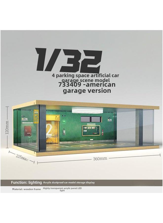 Loquat Wholesale Miniature Car Garage Model, Wooden Dustproof Cover with Light, 1:32 733409-Four-car American