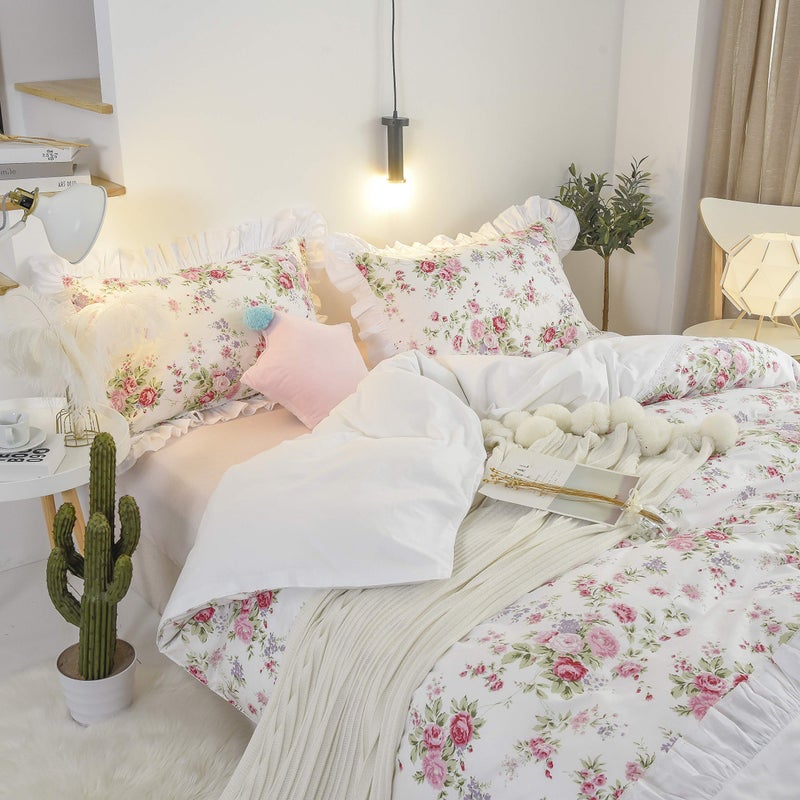 FADFAY Floral Duvet Cover Set Queen 100 Cotton Reversible Pink and White Bulgaria Rose Bedding French Country Flower Print Ruffle Lace Girls Comforter Covers Zipper 3 Pcs Queen