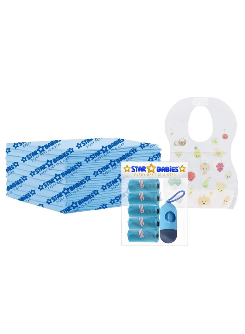 STAR BABiES Combo Packs Changing Mat 45 X 60Cm 15Pcs, Scented Bag Pack Of 5 W/Dispenser 75Bags, Bibs 15Pcs-Blue  - Image 1