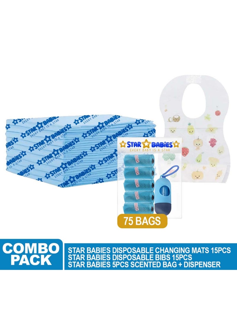 STAR BABiES Combo Packs Changing Mat 45 X 60Cm 15Pcs, Scented Bag Pack Of 5 W/Dispenser 75Bags, Bibs 15Pcs-Blue  - Image 2