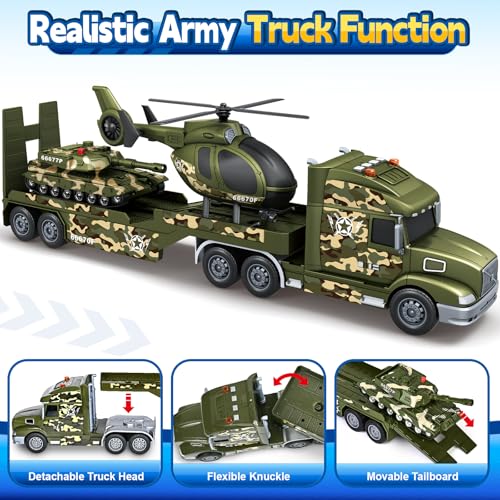 Bstoyder Toddler Boy Toys for 3 4 5 6 7 Years Kids 27 Semi Army Truck Toy with Helicopters and Tank Friction Powered Military Toys with Lights and Sounds Birthday for Boy Girls - Image 5