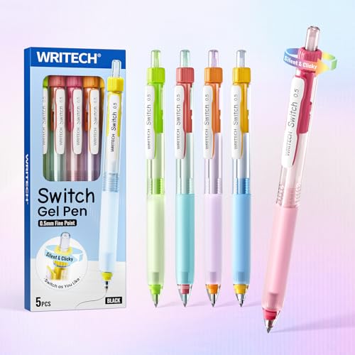 WRITECH Switch Gel Ink Pens: 0.5mm Black Ink Pen Retractable Silent and Clicky Soft Grip Fine Point Pen for Journaling Smooth Writing Quick-dry No Bleed 5ct - Image 1