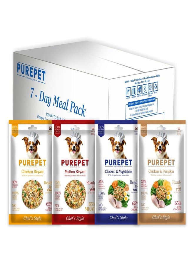 Purepet Fresh Wet Dog Food Day Meal Pack of 7 Biryanis - Mutton, Chicken, Vegetable & Pumpkin (8 x 100g) | Free 1 Pouch Inside | High Protein | Real Meat, Veggies | No Preservatives | Ready to Serve - Image 1