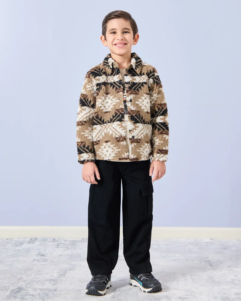 Redtag Boys Brown Teddy Fur Front Open Sweatshirt
