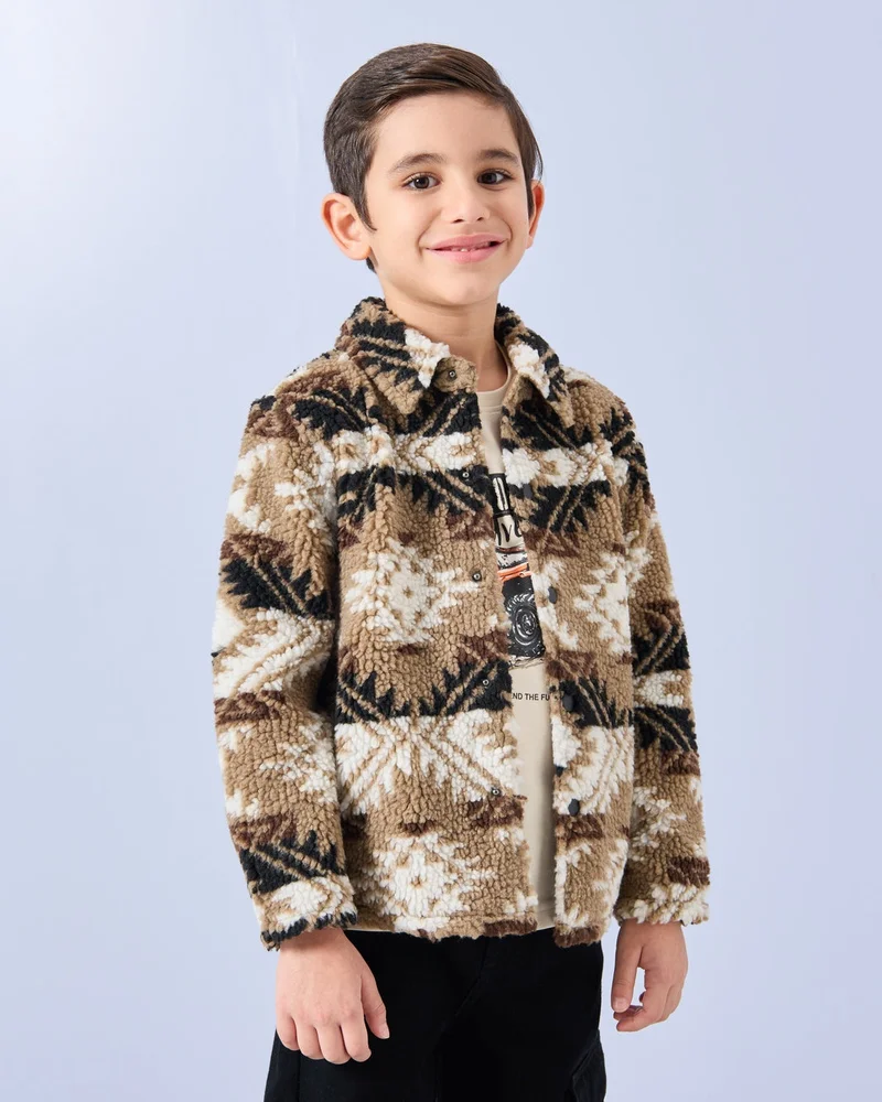 Redtag Boys Brown Teddy Fur Front Open Sweatshirt