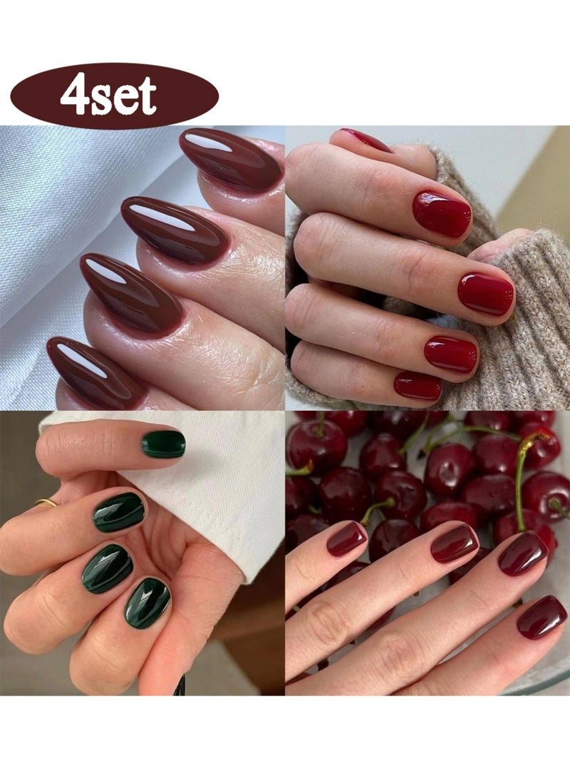LLASIDO 4setPress On Nails Almond Shape Deep Glossy Artificial Nails Full Cover Reusable Stick On Nails Acrylic Soft Gel Nail Kit Luxury Elegant Salon Style Nails for Women Daily Wear Party Wedding Long Lasting High Shine Nails - Image 1