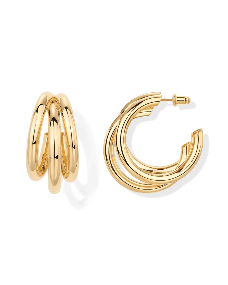 PAVOI 14K Yellow Gold Plated Chunky Multi Hoop Earrings for Women | Hypoallergenic Trendy Triple Split Loop Huggie Earrings - Image 1