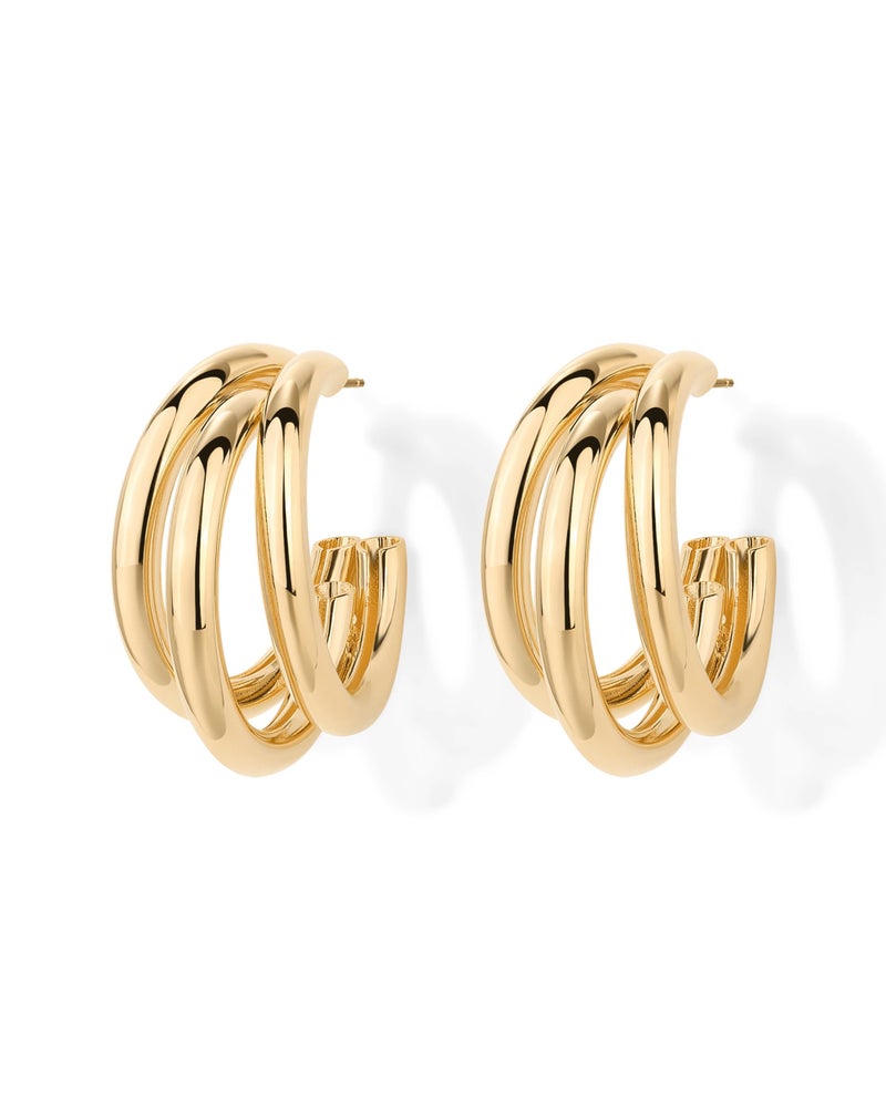 PAVOI 14K Yellow Gold Plated Chunky Multi Hoop Earrings for Women | Hypoallergenic Trendy Triple Split Loop Huggie Earrings - Image 3