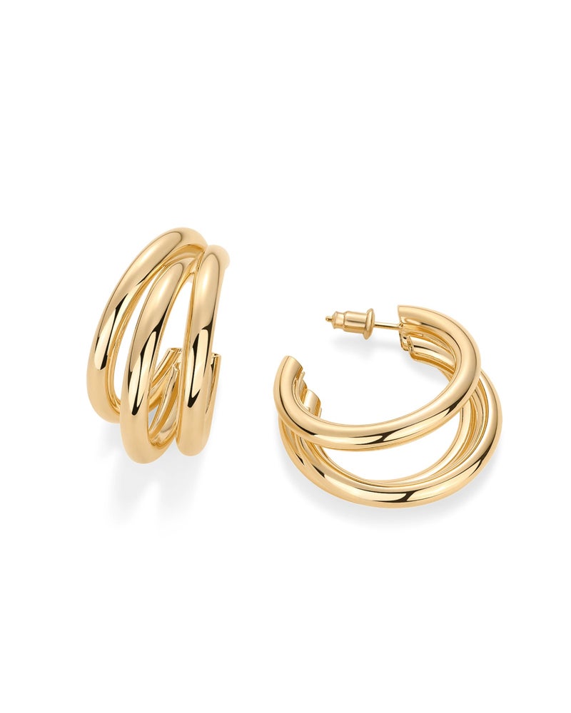PAVOI 14K Yellow Gold Plated Chunky Multi Hoop Earrings for Women | Hypoallergenic Trendy Triple Split Loop Huggie Earrings - Image 5