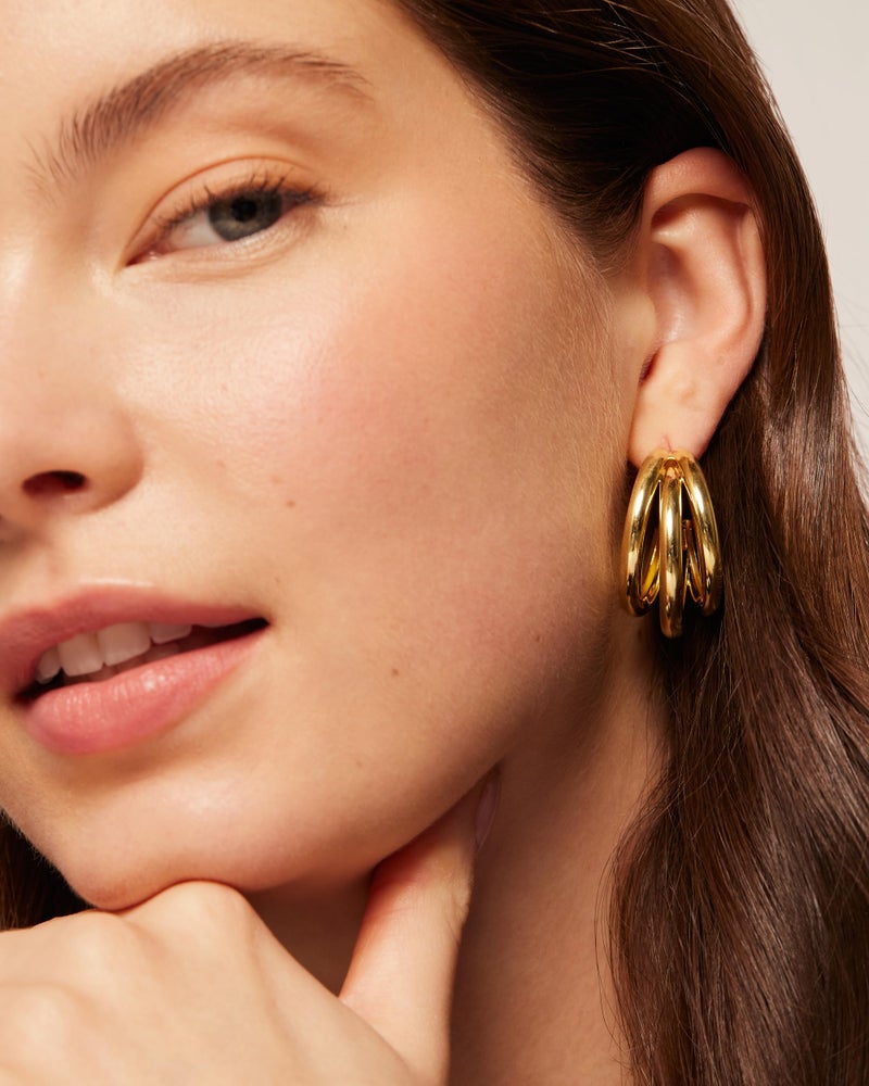 PAVOI 14K Yellow Gold Plated Chunky Multi Hoop Earrings for Women | Hypoallergenic Trendy Triple Split Loop Huggie Earrings - Image 2