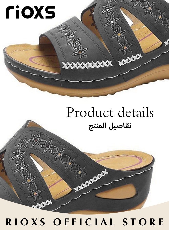 ريوكس صنادل الوتد للنساء، الصندل الجلدي الناعم، صنادل الوتد المطاطي للنساء، صنادل منصة الأزياء، المشي المريح، أحذية المنصة المنزلقة للاستخدام في الداخل أو في الهواء الطلق  - Image 5