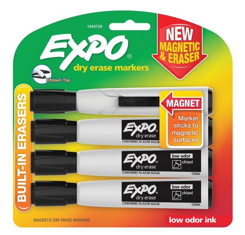 Expo Magnetic Dry Erase Markers with Eraser, Chisel Tip, Black, 4 Count - Image 1