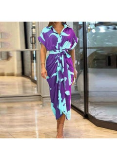 Summer New European And American Women's Lace-up Waist Short Sleeve Single Breasted Solid Color Shirt Dress