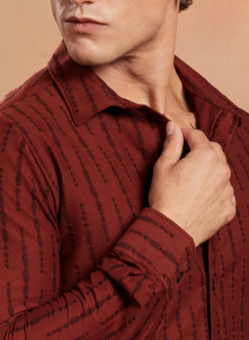 Campus Sutra Campus Sutra Men's Brick Red Tassel-Weave Shirt For Casual Wear | Spread Collar | Long Cuffed Sleeves | Button Closure | Shirt Crafted With Comfort Fit For Everyday Wear