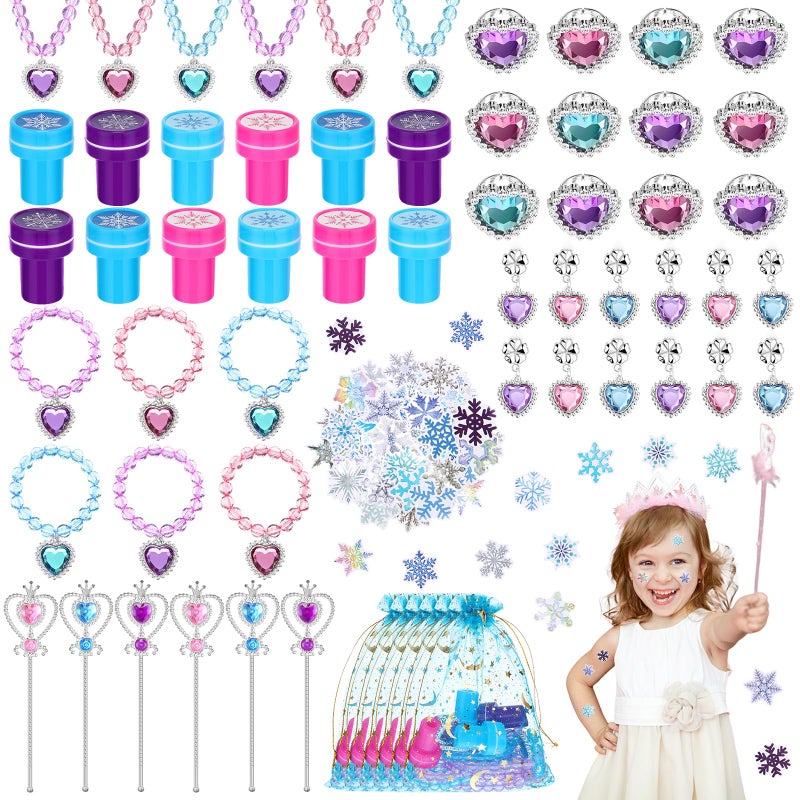 Faccito 134 Pieces Princess Party Favors Winter Birthday Party Supplies Snowflake Jewelry Gifts Set for Kids Include Diamond Necklaces Bracelets Rings Earrings Stickers Crown Wand Stampers Bags - Image 2
