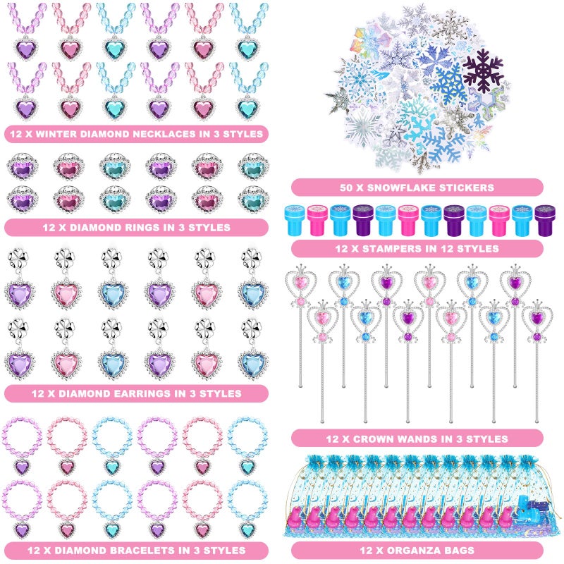 Faccito 134 Pieces Princess Party Favors Winter Birthday Party Supplies Snowflake Jewelry Gifts Set for Kids Include Diamond Necklaces Bracelets Rings Earrings Stickers Crown Wand Stampers Bags - Image 3