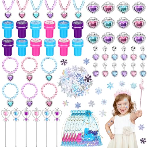 Faccito 134 Pieces Princess Party Favors Winter Birthday Party Supplies Snowflake Jewelry Gifts Set for Kids Include Diamond Necklaces Bracelets Rings Earrings Stickers Crown Wand Stampers Bags - Image 1