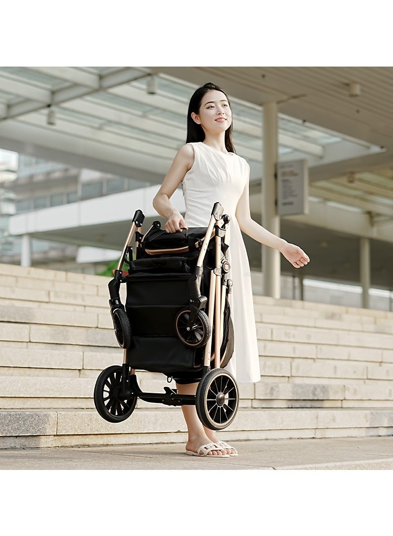 عربة أطفال حديثي الولادة 2 في 1 قابلة للتحويل، عربة أطفال عالية قابلة للطي، عربة سرير، عربة دفع قابلة للطي من سبائك الألمنيوم مع مسند ظهر قابل للتعديل واتجاه قابل للتعديل. - Image 3