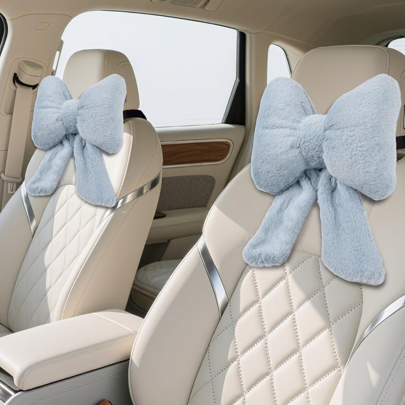 iHUFeather Bow Car Headrest Pillows Plush Car Neck Pillows for Travel Driving Office Chair Head Support Cushions, Also Cute Car Decor Accessories (2PCS Blue) - Image 1