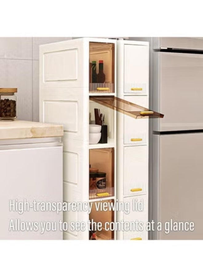 خزانة تخزين للحمام، خزانة تخزين ضيقة بأربعة أرفف، منظم تخزين بلاستيكي ضيق بأبواب وأرفف، منظم متعدد الوظائف لغرفة النوم والحمام، تصميم مقاوم للماء، مناسب للمساحات الصغيرة، الحمام، المطبخ، غرفة الغسيل، أبيض - Image 3