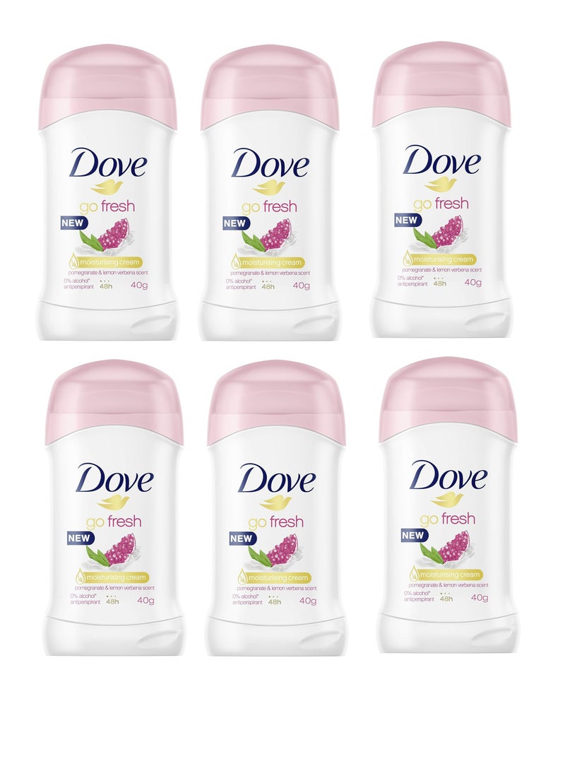 دوف مزيل عرق دوف الأصلي للنساء، 40 غرام، عبوة من 6 قطع | برائحة الرمان واللويزة | حماية تدوم طويلاً من العرق والرائحة الكريهة | إبطان ناعمان ومنتعشان