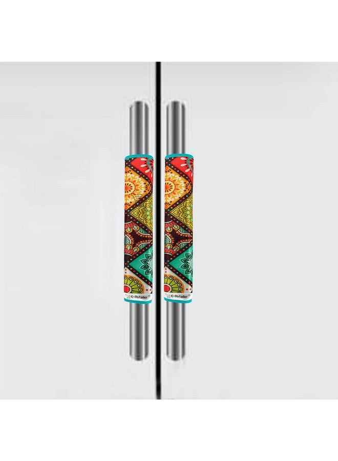 E-Retailer® Polyester 3-Layered Digital Printed Fridge Handle Cover Set of 2Pcs. For Refrigerator and Microwave oven (Color-Multicolor Ethnic, Size-12x6 Inches) - Image 1