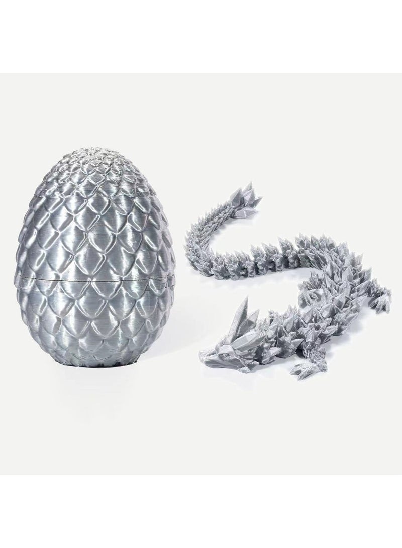 3D Printed Egg Dragon, Fully Articulated Dragon Crystal Dragon with Dragon Egg, Home Office Decor (Silk Silver) - Image 1