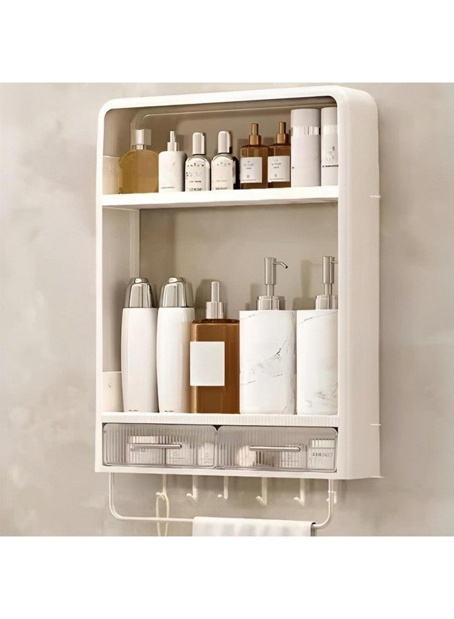KREPS Shower Caddy Shelf Organizer Rack,Self Adhesive,Multifunctional Shelf Over Wall Mounted Bathroom Toilet Shelving For Bedroom and Kitchen Decoration (2-Layer With Drawers,Hooks & Handle) - Image 1