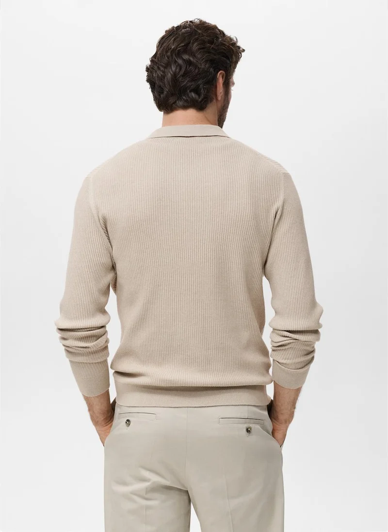 Mango Man Cotton-blend ribbed polo sweater