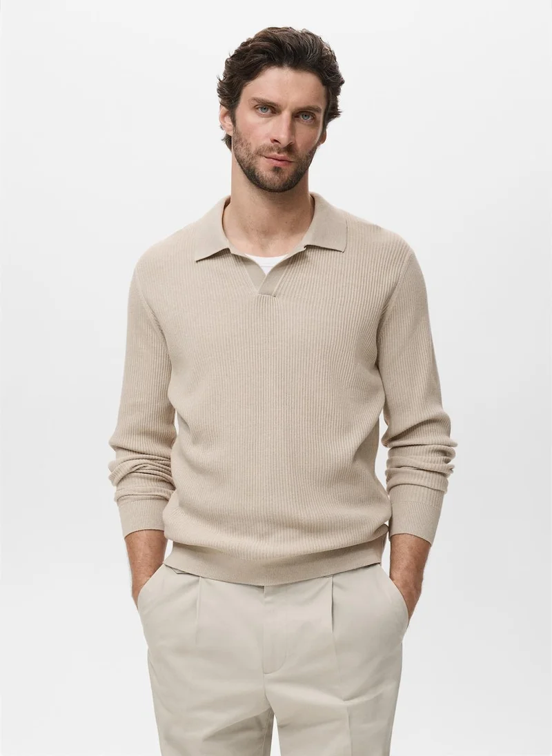 Mango Man Cotton-blend ribbed polo sweater