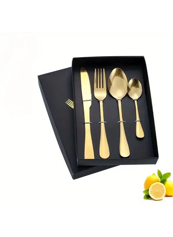 Golden Stainless Steel Western Tableware Set With Steak Knives Forks Spoons In Gift Box - Image 1